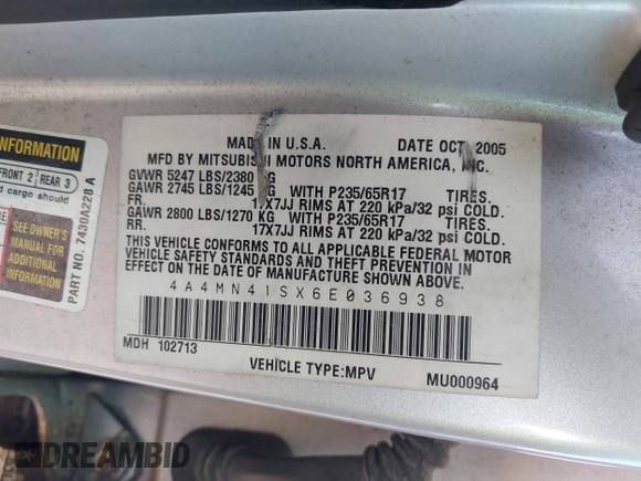 2006 Mitsubishi Endeavor Limited with VIN 4A4MN41SX6E036938, listed as a IAAI auction lot 42394864 with 169,231 mi miles and . Bid and sale history available at DreamBid. Image 9.
