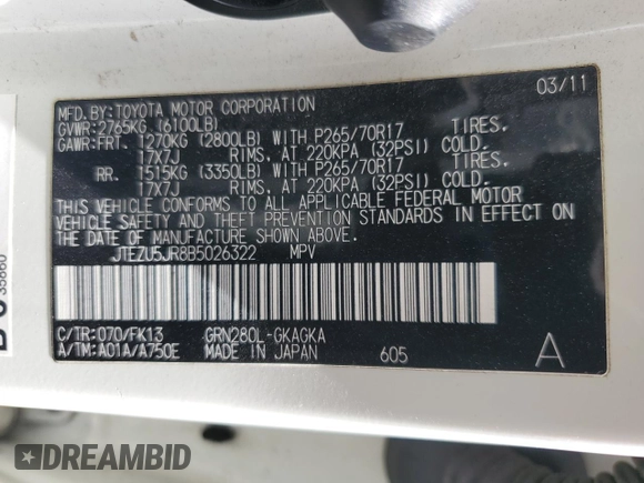 2011 Toyota 4Runner SR5 with VIN JTEZU5JR8B5026322, listed as a Copart auction lot 57356515 with 212,837 mi miles and Salvage title. Bid and sale history available at DreamBid. Image 12.