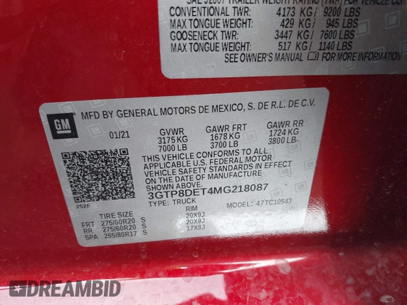 2021 GMC Sierra 1500 with VIN 3GTP8DET4MG218087, listed as a IAAI auction lot 41499292 with 69,736 mi miles and . Bid and sale history available at DreamBid. Image 9.