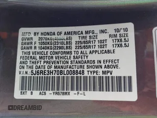 2011 Honda CR-V EX-L with VIN 5J6RE3H70BL008848, listed as a IAAI auction lot 41625762 with 156,240 mi miles. Bid and sale history available at carsss.com. Image 9.