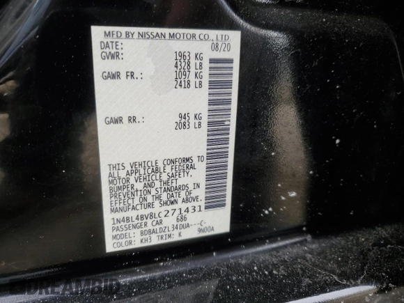 2020 Nissan Altima S with VIN 1N4BL4BV8LC271431, listed as a Copart auction lot 46364135 with 58,466 mi miles and Salvage Title. Bid and sale history available at carsss.com. Image 12.