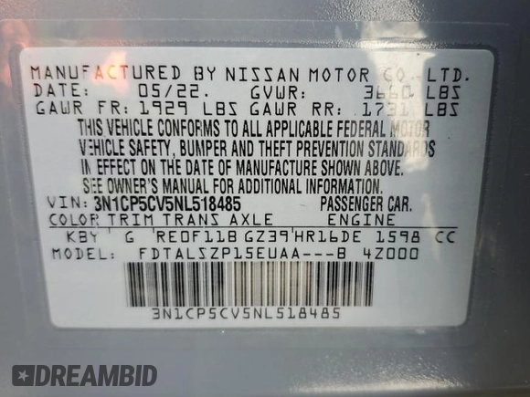 2022 Nissan Kicks SV with VIN 3N1CP5CV5NL518485, listed as a Copart auction lot 51410805 with 61,368 mi miles and Non Repairable. Bid and sale history available at DreamBid. Image 13.