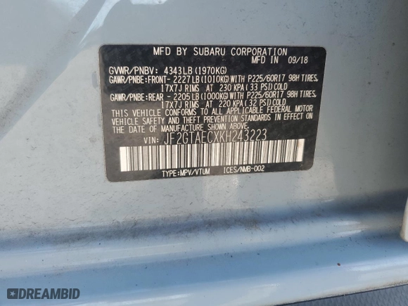2019 Subaru Crosstrek Premium with VIN JF2GTAECXKH243223, listed as a Copart auction lot 49934605 with 37,215 mi miles and Salvage Title. Bid and sale history available at carsss.com. Image 12.