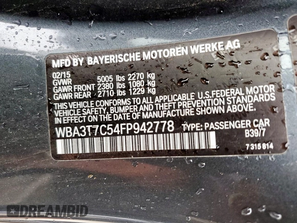 2015 BMW 4 Series 435i xDrive with VIN WBA3T7C54FP942778, listed as a Copart auction lot 54515685 with 128,423 mi miles and Salvage title. Bid and sale history available at DreamBid. Image 12.