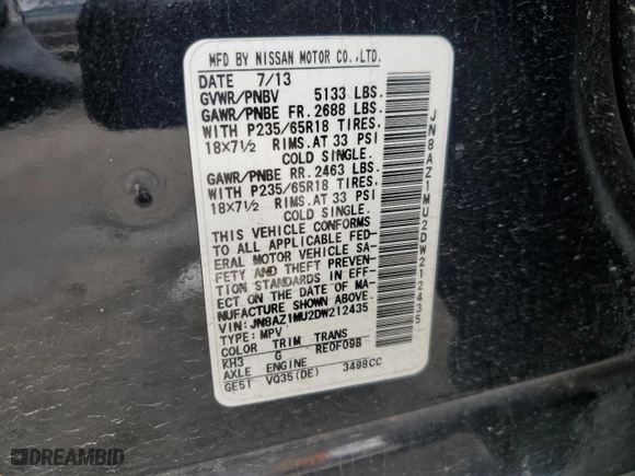 2013 Nissan Murano SV with VIN JN8AZ1MU2DW212435, listed as a Copart auction lot 85273084 with 170,020 mi miles and Salvage Title. Bid and sale history available at carsss.com. Image 13.