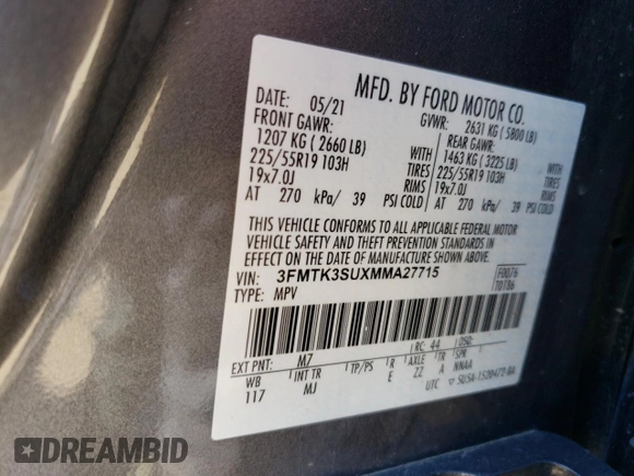 2021 Ford Mustang Mach-E Premium with VIN 3FMTK3SUXMMA27715, listed as a Copart auction lot 69832034 with 69,250 mi miles and Salvage Title. Bid and sale history available at DreamBid. Image 16.