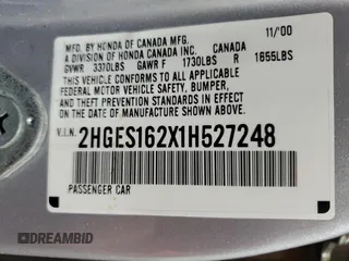 2001 Honda Civic DX with VIN 2HGES162X1H527248, listed as a Copart auction lot 84811674 with 132,592 mi miles and Salvage Title. Bid and sale history available at carsss.com. Image 13.
