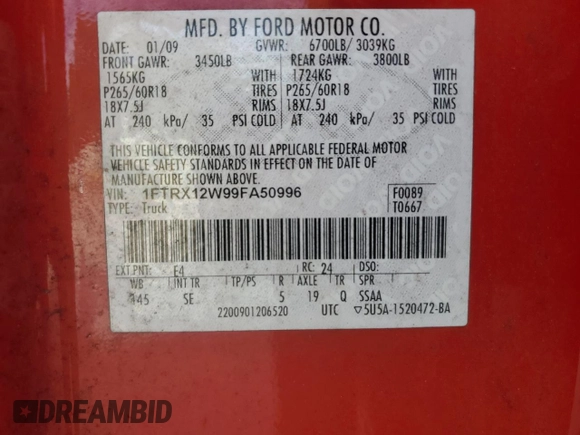 2009 Ford F-150 STX with VIN 1FTRX12W99FA50996, listed as a Copart auction lot 42463195 with 200,788 mi miles and Salvage Title. Bid and sale history available at carsss.com. Image 12.