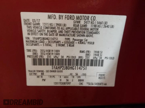 2017 Ford Taurus Limited with VIN 1FAHP2J80HG114751, listed as a Copart auction lot 88429775 with 89,622 mi miles and Salvage Title. Bid and sale history available at DreamBid. Image 12.