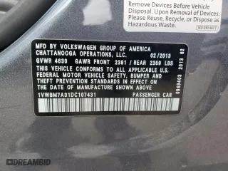 2013 Volkswagen Passat SE w/Sunroof with VIN 1VWBM7A31DC107431, listed as a Copart auction lot 53462205 with 204,220 mi miles and Clean Title. Bid and sale history available at carsss.com. Image 12.