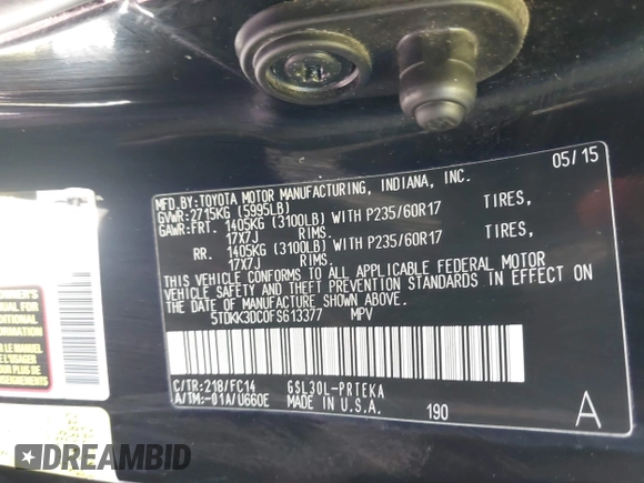 2015 Toyota Sienna LE AAS z VIN 5TDKK3DC0FS613377, wystawiony jako IAAI lot #42214127 z przebiegiem 135 836 mil mil oraz . Historia ofert i sprzedaży dostępna na DreamBid. Obrazek 9.