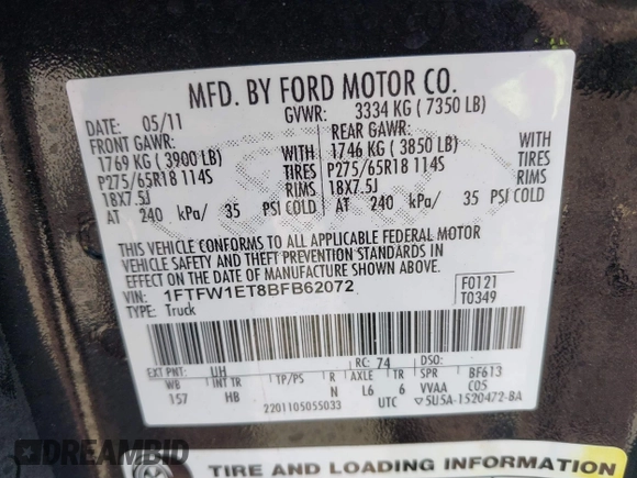 2011 Ford F-150 XLT with VIN 1FTFW1ET8BFB62072, listed as a IAAI auction lot 41960195 with 199,089 mi miles. Bid and sale history available at carsss.com. Image 9.
