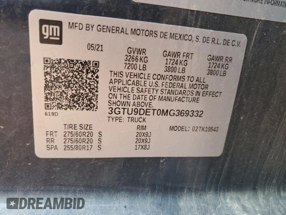 2021 GMC Sierra 1500 SLT z VIN 3GTU9DET0MG369332, wystawiony jako Copart lot #46650135 z przebiegiem 148 095 mil mil oraz Szkoda całkowita • Salvage title. Historia ofert i sprzedaży dostępna na DreamBid. Obrazek 12.