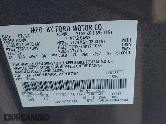 2014 Ford F-150 XL with VIN 1FTMF1EM0EKF16761, listed as a IAAI auction lot 42205285 with 72,677 mi miles and . Bid and sale history available at DreamBid. Image 9.