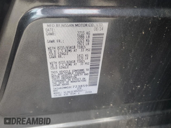 2014 Nissan Pathfinder SL with VIN 5N1AR2MM1EC723859, listed as a Copart auction lot 54532805 with 103,247 mi miles and Salvage Title. Bid and sale history available at carsss.com. Image 13.