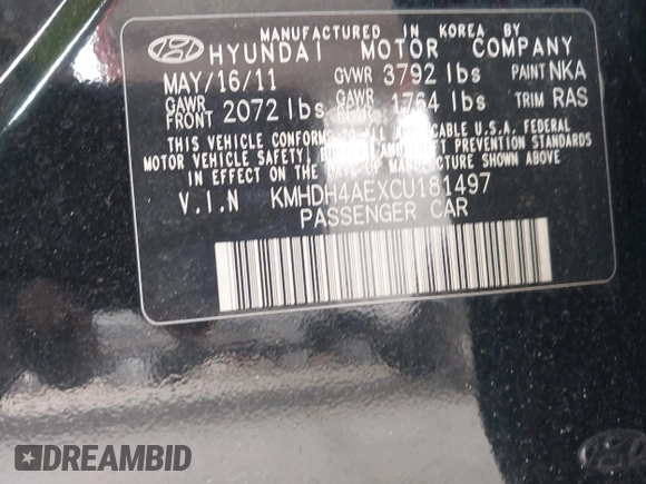 2012 Hyundai Elantra Limited with VIN KMHDH4AEXCU181497, listed as a IAAI auction lot 42634732 with 109,652 mi miles and . Bid and sale history available at DreamBid. Image 9.