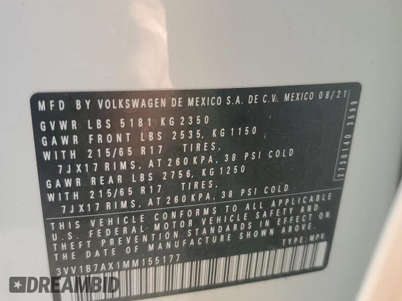 2021 Volkswagen Tiguan S z VIN 3VV1B7AX1MM155177, wystawiony jako Copart lot #70585534 z przebiegiem Nie podano mil oraz Szkoda całkowita • Salvage title. Historia ofert i sprzedaży dostępna na DreamBid. Obrazek 13.