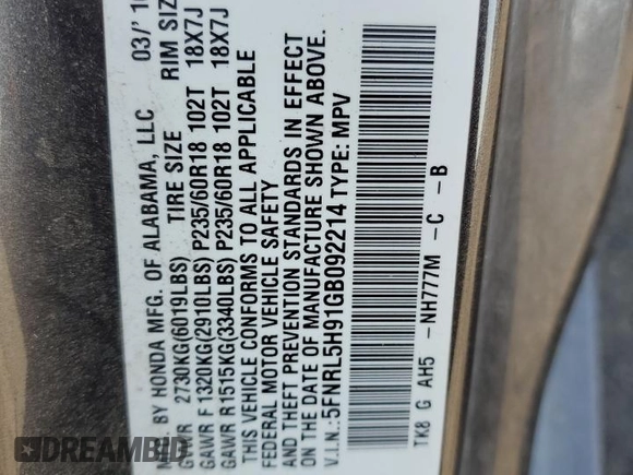2016 Honda Odyssey Touring Elite with VIN 5FNRL5H91GB092214, listed as a Copart auction lot 61158745 with 121,477 mi miles and Salvage title. Bid and sale history available at DreamBid. Image 13.