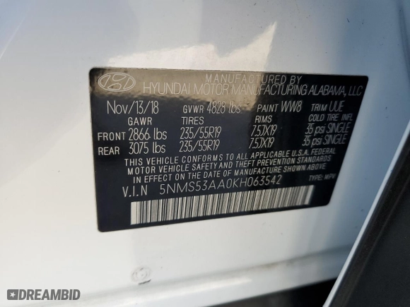 2019 Hyundai Santa Fe Limited with VIN 5NMS53AA0KH063542, listed as a Copart auction lot 86742474 with 79,929 mi miles and Salvage Title. Bid and sale history available at carsss.com. Image 15.