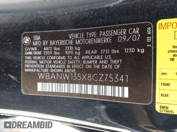 2008 BMW 5 Series 535i with VIN WBANW135X8CZ75341, listed as a IAAI auction lot 41982819 with 164,207 mi miles and . Bid and sale history available at carsss.com. Image 9.