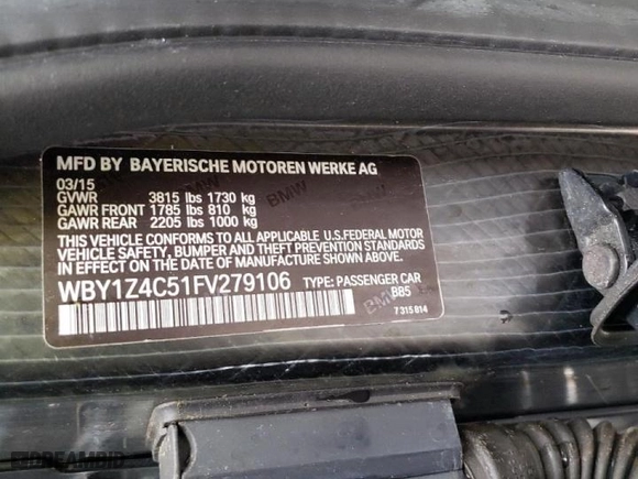 2015 BMW i3 with VIN WBY1Z4C51FV279106, listed as a Copart auction lot 37413703 with 0 mi miles. Bid and sale history available at carsss.com. Image 14.