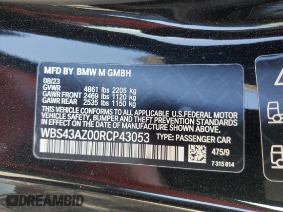 2024 BMW M4 Competition xDrive with VIN WBS43AZ00RCP43053, listed as a Copart auction lot 47644124 with 751 mi miles and Salvage Title. Bid and sale history available at carsss.com. Image 15.