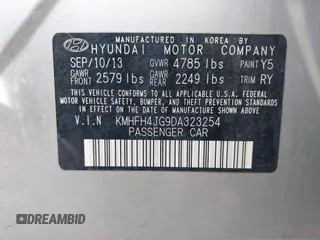 2013 Hyundai Azera with VIN KMHFH4JG9DA323254, listed as a IAAI auction lot 41776183 with 73,489 mi miles and . Bid and sale history available at DreamBid. Image 9.