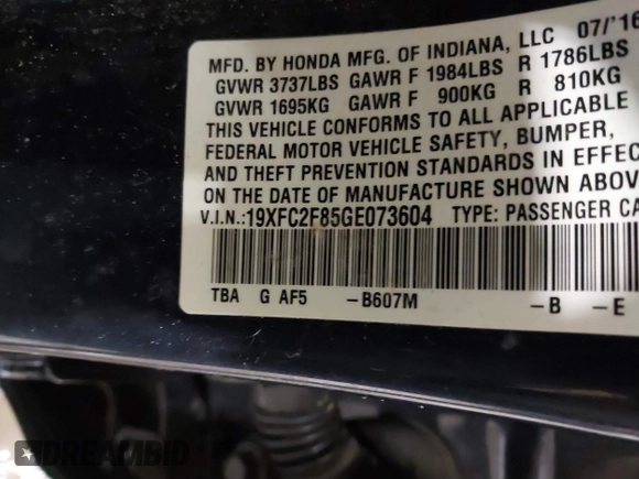 2016 Honda Civic Sedan EX with VIN 19XFC2F85GE073604, listed as a IAAI auction lot 41187580 with 79,200 mi miles. Bid and sale history available at carsss.com. Image 9.