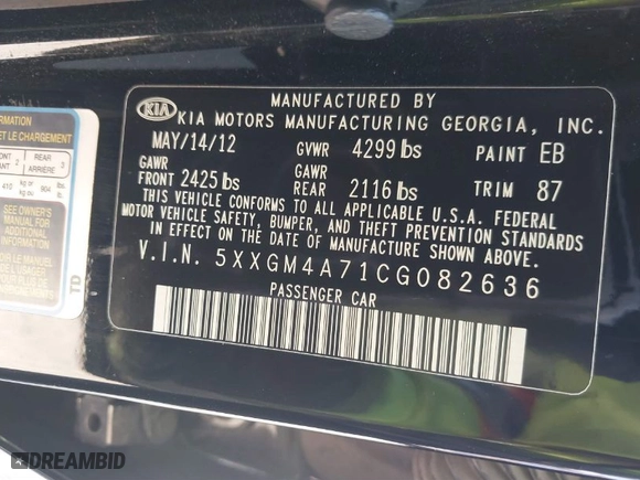 2012 Kia Optima LX with VIN 5XXGM4A71CG082636, listed as a IAAI auction lot 41862116 with 141,753 mi miles. Bid and sale history available at carsss.com. Image 9.