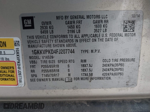 2015 GMC Acadia SLE with VIN 1GKKVPKD4FJ207744, listed as a IAAI auction lot 41670750 with 161,213 mi miles. Bid and sale history available at carsss.com. Image 9.