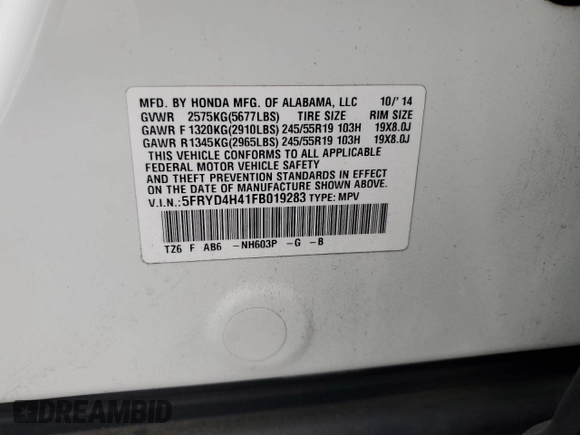 2015 Acura MDX Technology with VIN 5FRYD4H41FB019283, listed as a Copart auction lot 54602125 with 139,322 mi miles and Salvage title. Bid and sale history available at DreamBid. Image 13.