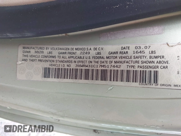 2007 Volkswagen Beetle z VIN 3VWRW31C17M517442, wystawiony jako IAAI lot #41835962 z przebiegiem 159 668 mil mil oraz . Historia ofert i sprzedaży dostępna na DreamBid. Obrazek 9.