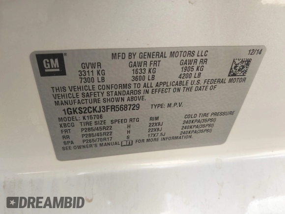 2015 GMC Yukon Denali with VIN 1GKS2CKJ3FR568729, listed as a IAAI auction lot 41741987 with 154,729 mi miles. Bid and sale history available at carsss.com. Image 9.