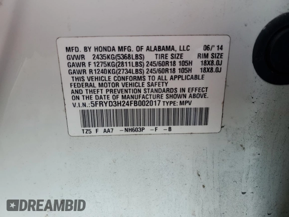 2015 Acura MDX with VIN 5FRYD3H24FB002017, listed as a Copart auction lot 57787255 with 138,046 mi miles and Salvage title. Bid and sale history available at DreamBid. Image 14.