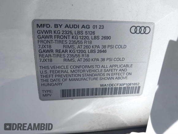 2023 Audi Q3 S line Premium with VIN WA1DECF30P1081652, listed as a IAAI auction lot 41775676 with 46,066 mi miles and . Bid and sale history available at DreamBid. Image 9.