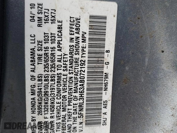 2010 Honda Odyssey EX-L with VIN 5FNRL3H63AB072192, listed as a Copart auction lot 49967465 with 187,794 mi miles and Salvage Title. Bid and sale history available at DreamBid. Image 13.