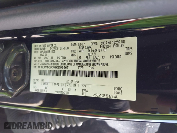 2017 Ford F-150 XL with VIN 1FTEW1CP3HKD06967, listed as a IAAI auction lot 41776230 with 165,388 mi miles. Bid and sale history available at carsss.com. Image 9.