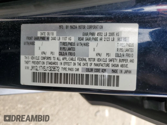 2018 Mazda 6 Grand Touring with VIN JM1GL1TY6J1323672, listed as a Copart auction lot 52700165 with 34,005 mi miles and Salvage Title. Bid and sale history available at DreamBid. Image 12.