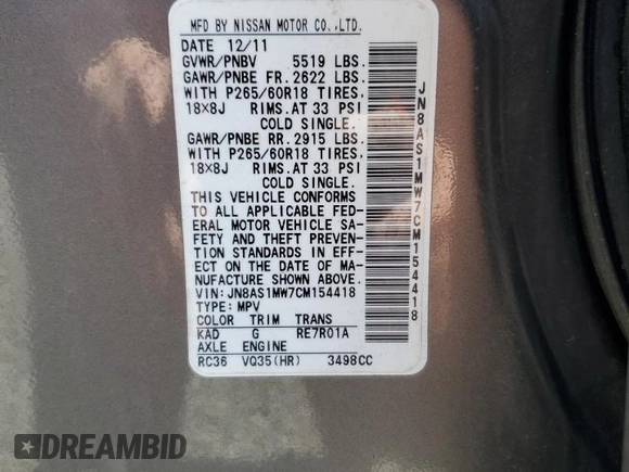 2012 Infiniti FX with VIN JN8AS1MW7CM154418, listed as a Copart auction lot 53384665 with 94,293 mi miles and Salvage title. Bid and sale history available at DreamBid. Image 13.