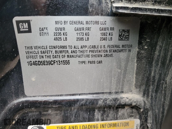 2012 Buick LaCrosse Premium 1 z VIN 1G4GD5E39CF131556, wystawiony jako Copart lot #55774885 z przebiegiem 143 129 mil mil oraz Szkoda całkowita • Salvage title. Historia ofert i sprzedaży dostępna na DreamBid. Obrazek 12.