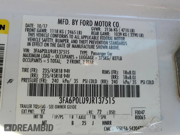 2018 Ford Fusion Hybrid SE with VIN 3FA6P0LU9JR137515, listed as a Copart auction lot 47480285 with 121,044 mi miles and Salvage Title. Bid and sale history available at carsss.com. Image 12.