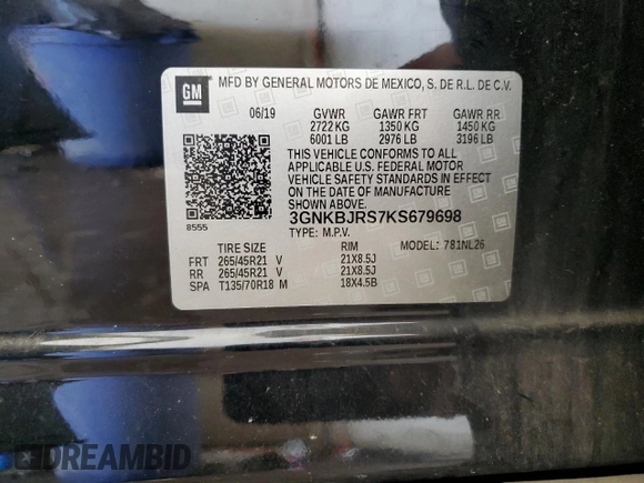 2019 Chevrolet Blazer RS with VIN 3GNKBJRS7KS679698, listed as a Copart auction lot 61201795 with 74,261 mi miles and Salvage title. Bid and sale history available at DreamBid. Image 13.