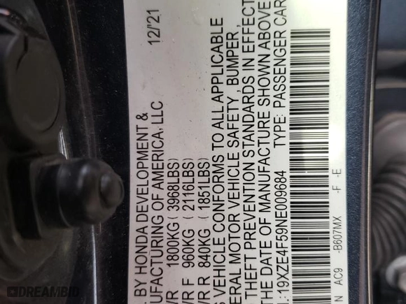2022 Honda Insight EX with VIN 19XZE4F59NE009684, listed as a Copart auction lot 44864445 with 0 mi miles and Salvage Title. Bid and sale history available at carsss.com. Image 12.