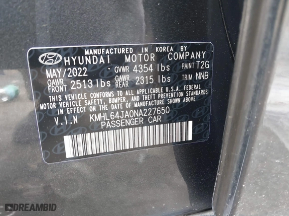 2022 Hyundai Sonata SEL with VIN KMHL64JA0NA227650, listed as a IAAI auction lot 41534485 with 38,082 mi miles. Bid and sale history available at carsss.com. Image 9.