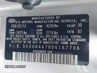 2013 Kia Optima EX with VIN 5XXGN4A78DG187706, listed as a IAAI auction lot 41424932 with 116,625 mi miles and . Bid and sale history available at DreamBid. Image 9.
