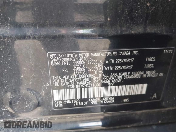 2021 Toyota RAV4 LE with VIN 2T3F1RFV7MC244066, listed as a IAAI auction lot 42492496 with 40,153 mi miles and . Bid and sale history available at DreamBid. Image 9.