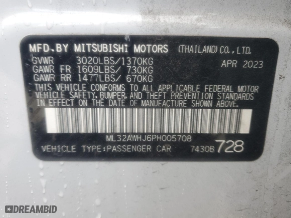 2023 Mitsubishi Mirage Black Edition with VIN ML32AWHJ6PH005708, listed as a Copart auction lot 76376094 with 15,731 mi miles and Salvage Title. Bid and sale history available at carsss.com. Image 14.