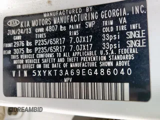 2014 Kia Sorento LX with VIN 5XYKT3A69EG486040, listed as a Copart auction lot 54686995 with 146,736 mi miles and Clean Title. Bid and sale history available at carsss.com. Image 14.
