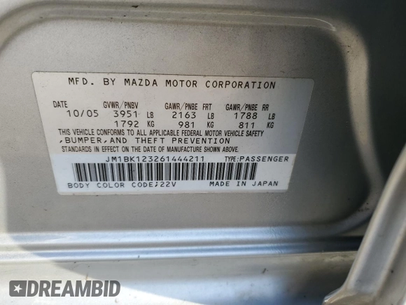 2006 Mazda 3 s with VIN JM1BK123261444211, listed as a Copart auction lot 42774095 with Not Provided miles and Salvage Title. Bid and sale history available at DreamBid. Image 12.