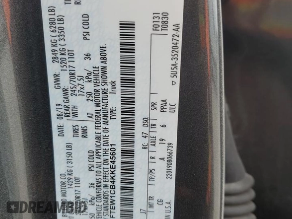 2019 Ford F-150 XL with VIN 1FTEW1CB4KKE45601, listed as a Copart auction lot 53000315 with 107,911 mi miles and Salvage title. Bid and sale history available at DreamBid. Image 12.